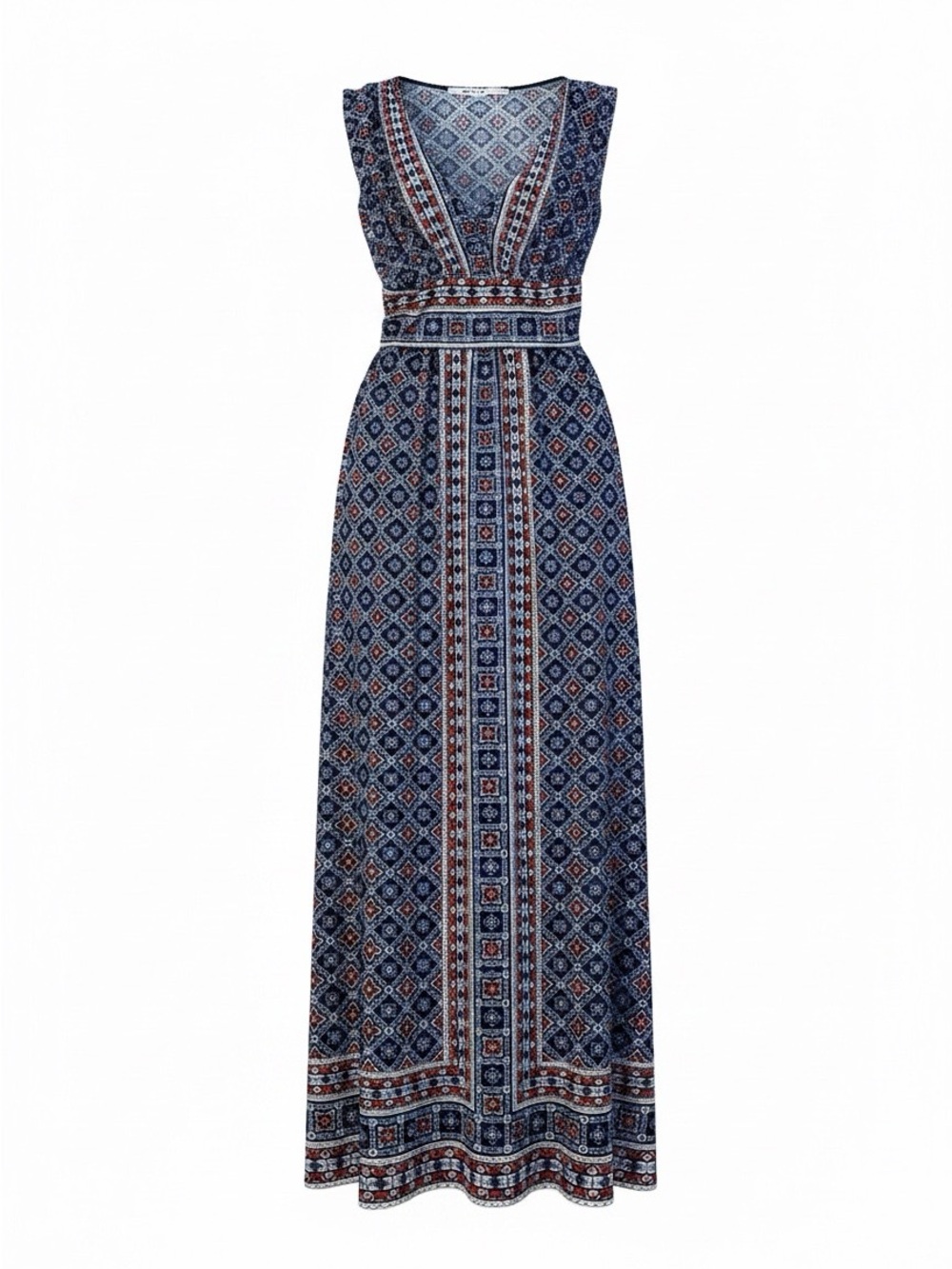 Max Studio Navy & Red Demask Medallion Border Hem  Patterned V-Neck Maxi Dress